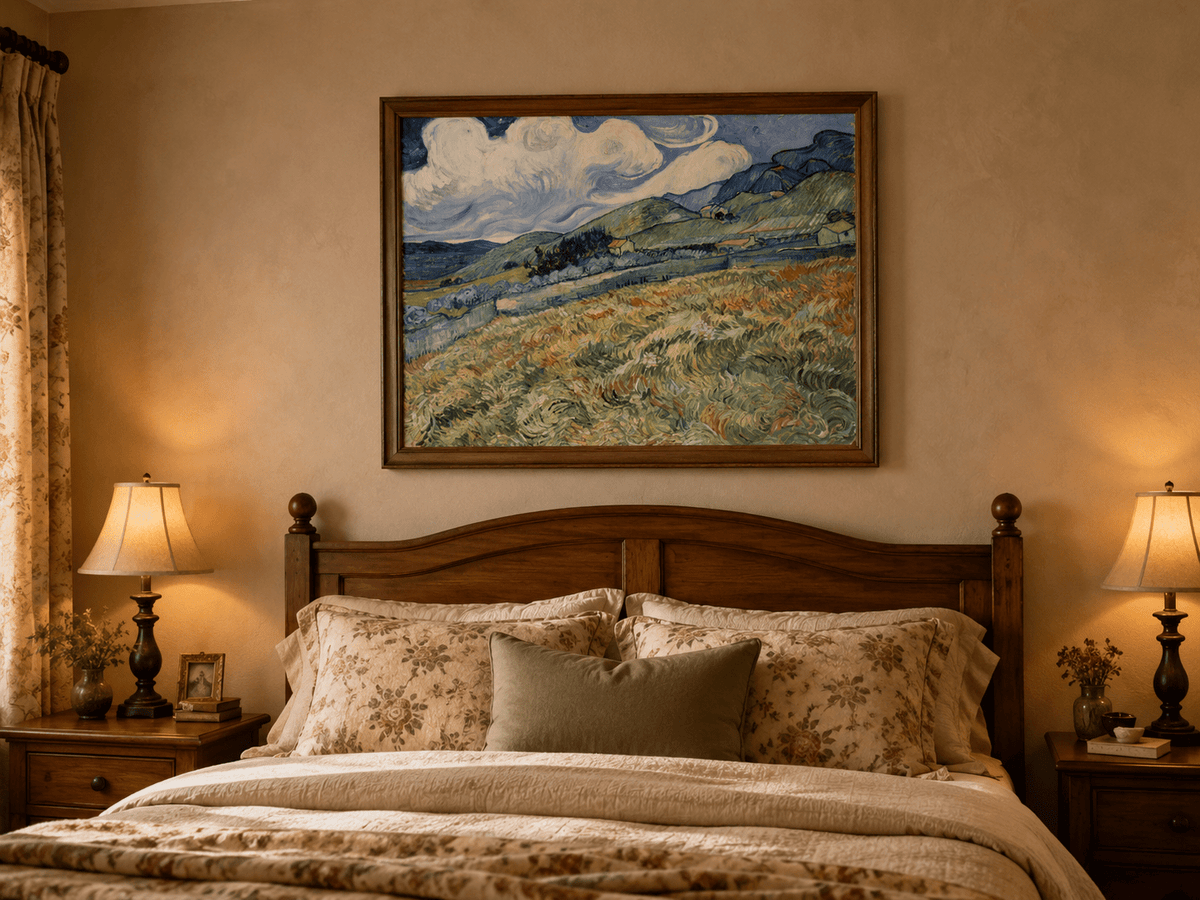 Pintura al óleo de paisaje - Campo de trigo montañoso bajo un cielo arremolinado