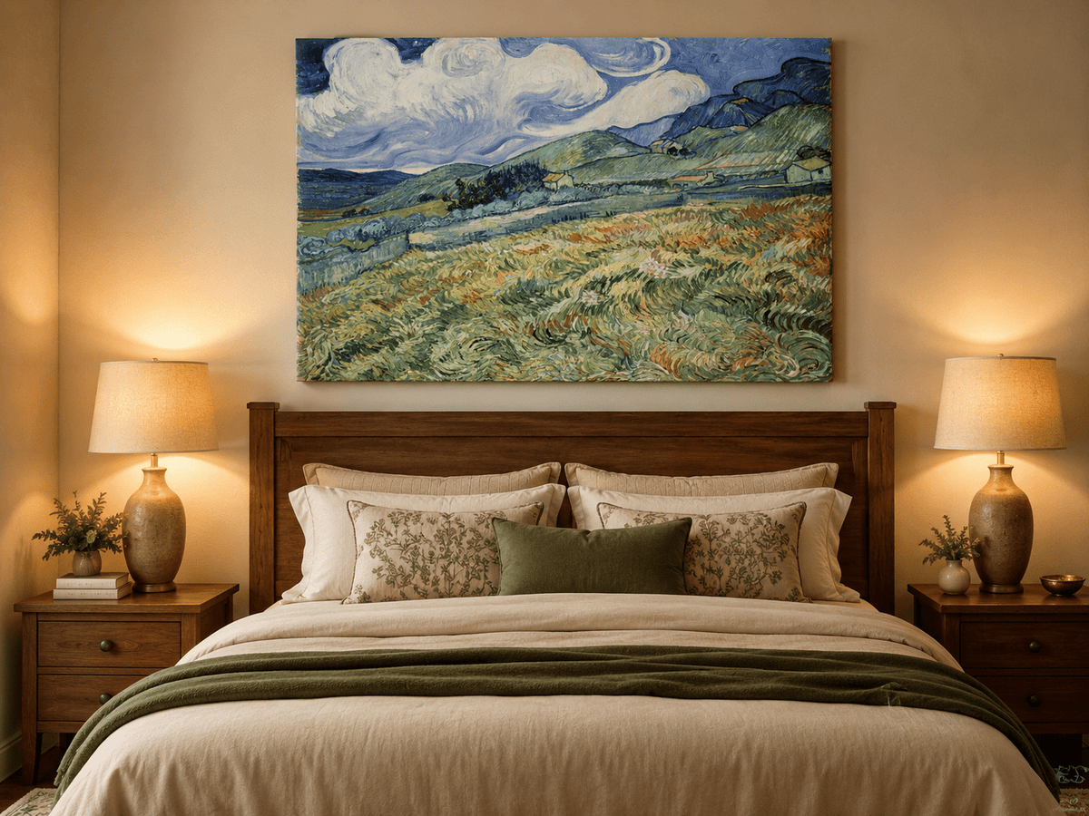 Pintura al óleo de paisaje - Campo de trigo montañoso bajo un cielo arremolinado
