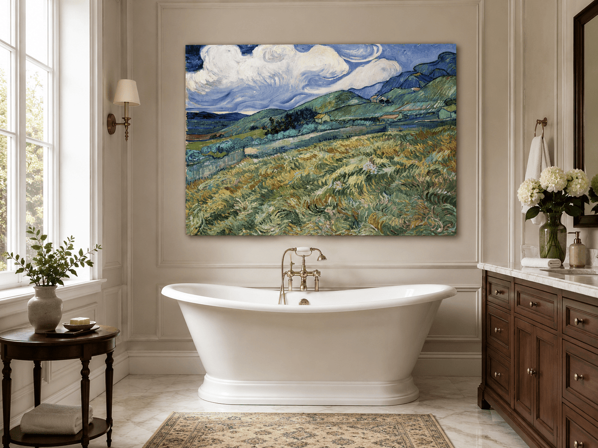 Pintura al óleo de paisaje - Campo de trigo montañoso bajo un cielo arremolinado