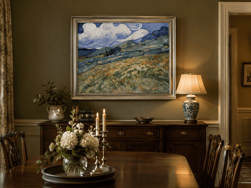 Pintura al óleo de paisaje - Campo de trigo montañoso bajo un cielo arremolinado