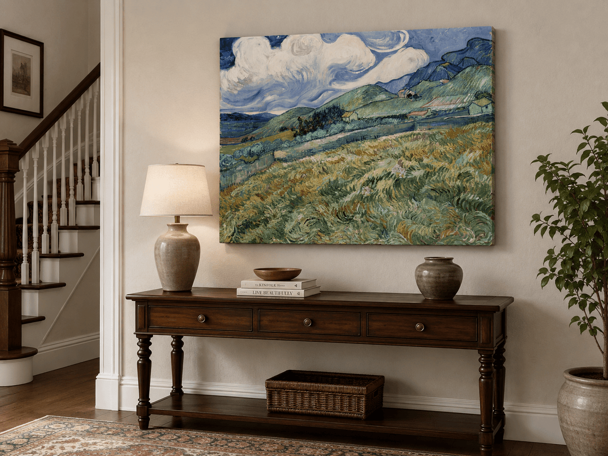 Pintura al óleo de paisaje - Campo de trigo montañoso bajo un cielo arremolinado