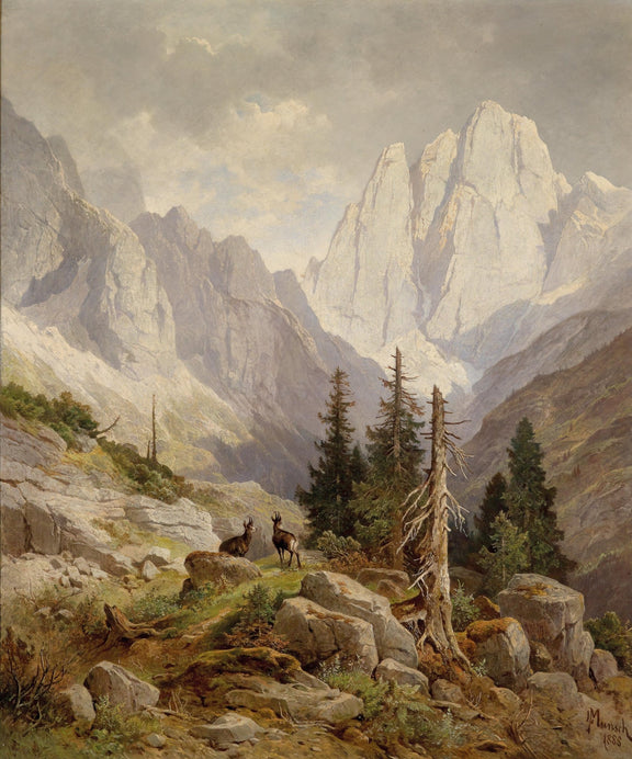 Landscape Oil Painting - Mountain wilderness & jagged peaks, alpine deer - Oil Painting Haven