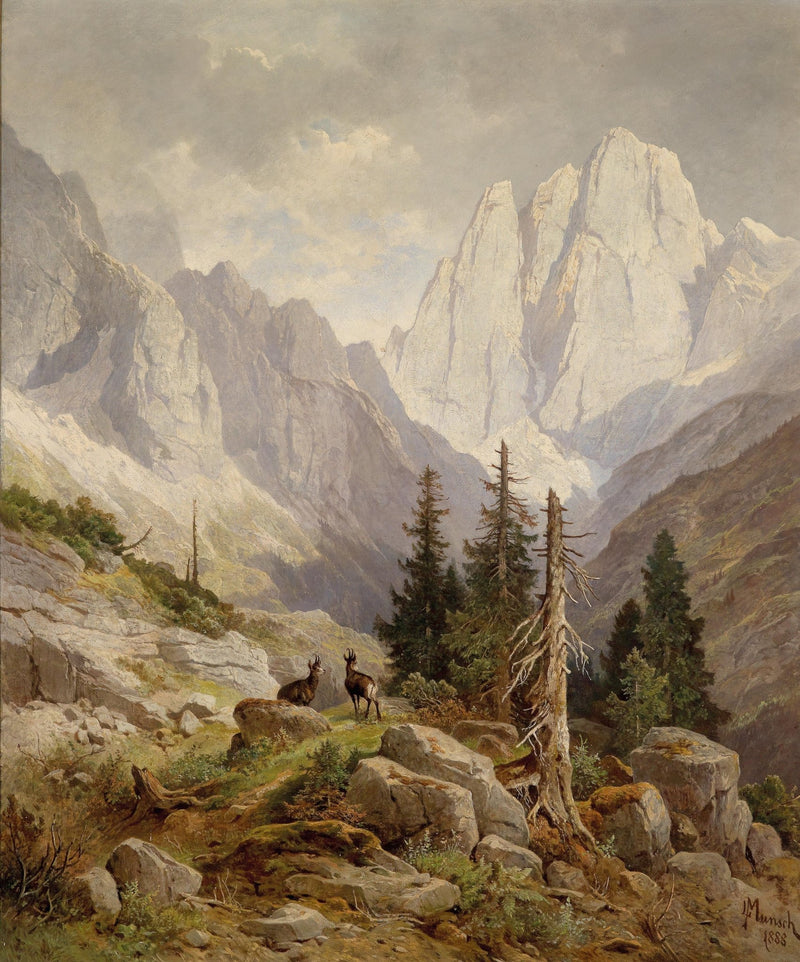 Landscape Oil Painting - Mountain wilderness & jagged peaks, alpine deer - Oil Painting Haven