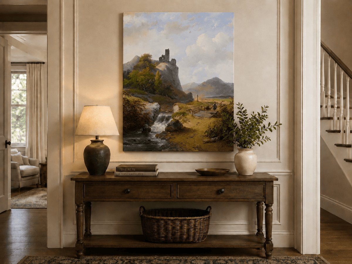 Landscape Oil Painting - Mountain with Ruins, Waterfall & Figure