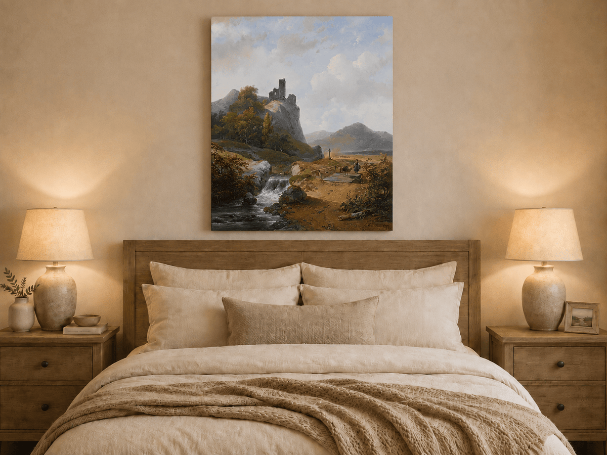 Landscape Oil Painting - Mountain with Ruins, Waterfall & Figure