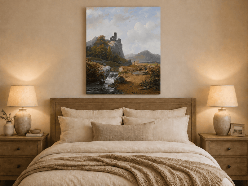 Landscape Oil Painting - Mountain with Ruins, Waterfall & Figure