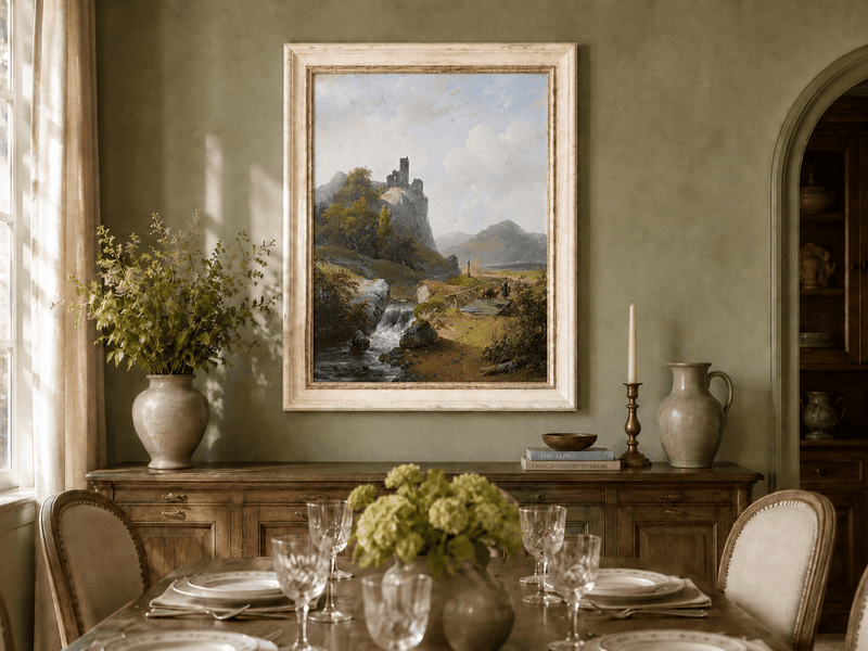 Landscape Oil Painting - Mountain with Ruins, Waterfall & Figure