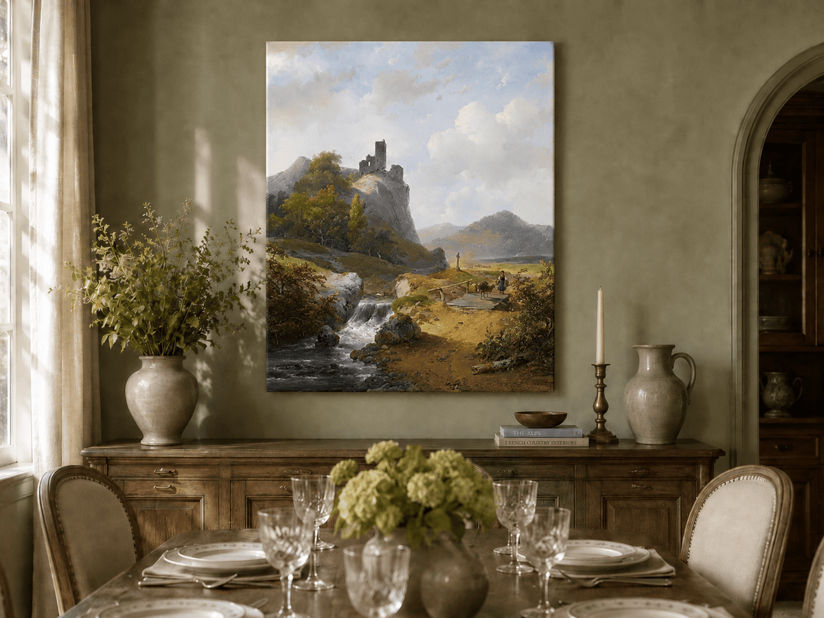 Landscape Oil Painting - Mountain with Ruins, Waterfall & Figure