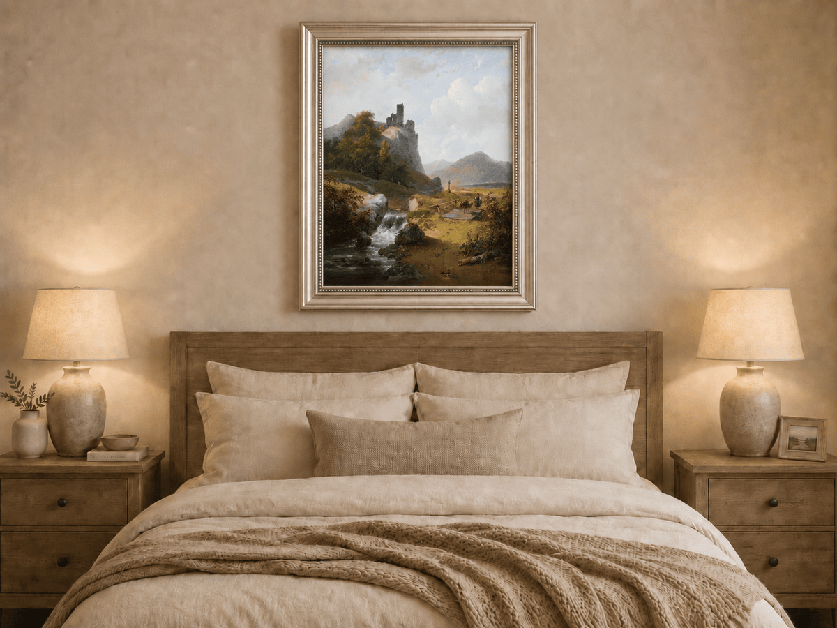Landscape Oil Painting - Mountain with Ruins, Waterfall & Figure
