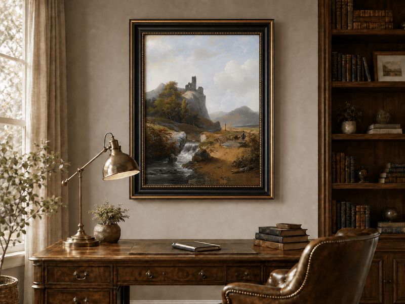 Landscape Oil Painting - Mountain with Ruins, Waterfall & Figure
