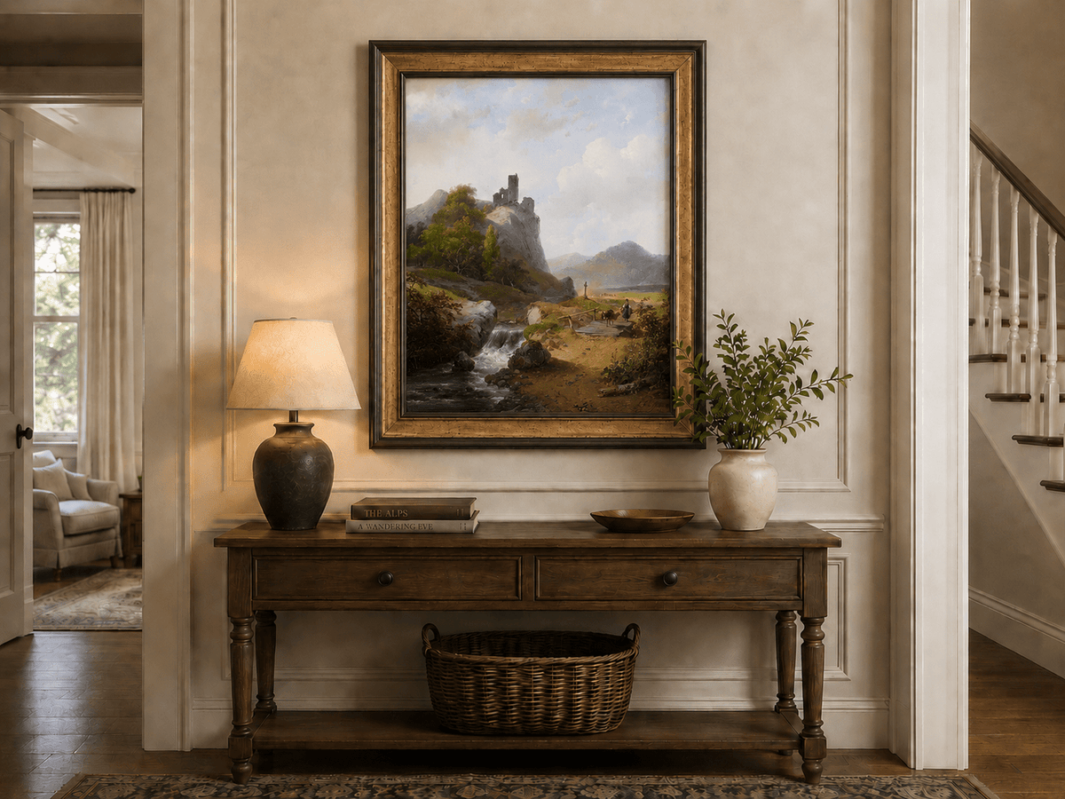 Landscape Oil Painting - Mountain with Ruins, Waterfall & Figure