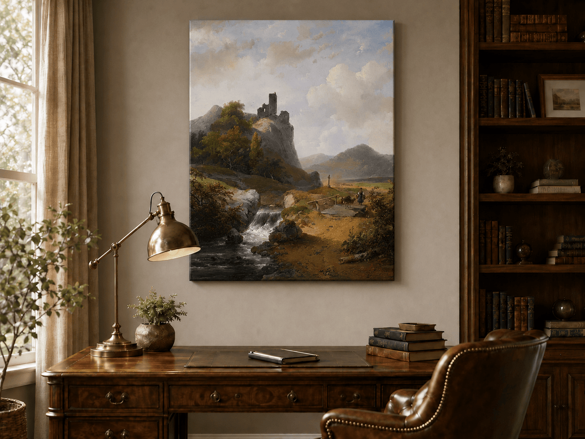 Landscape Oil Painting - Mountain with Ruins, Waterfall & Figure
