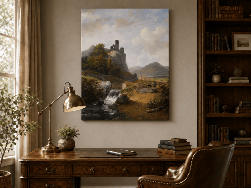 Landscape Oil Painting - Mountain with Ruins, Waterfall & Figure
