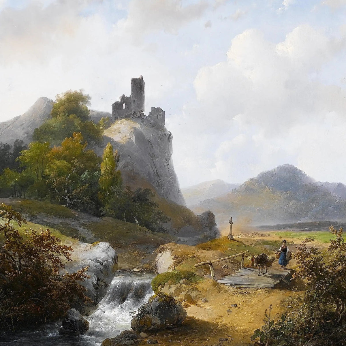 Landscape Oil Painting - Mountain with Ruins, Waterfall & Figure - Oil Painting Haven