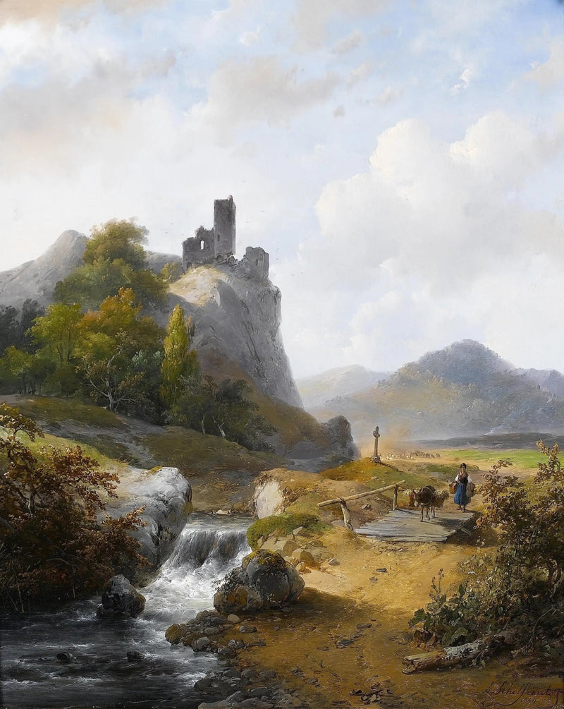 Landscape Oil Painting - Mountain with Ruins, Waterfall & Figure - Oil Painting Haven