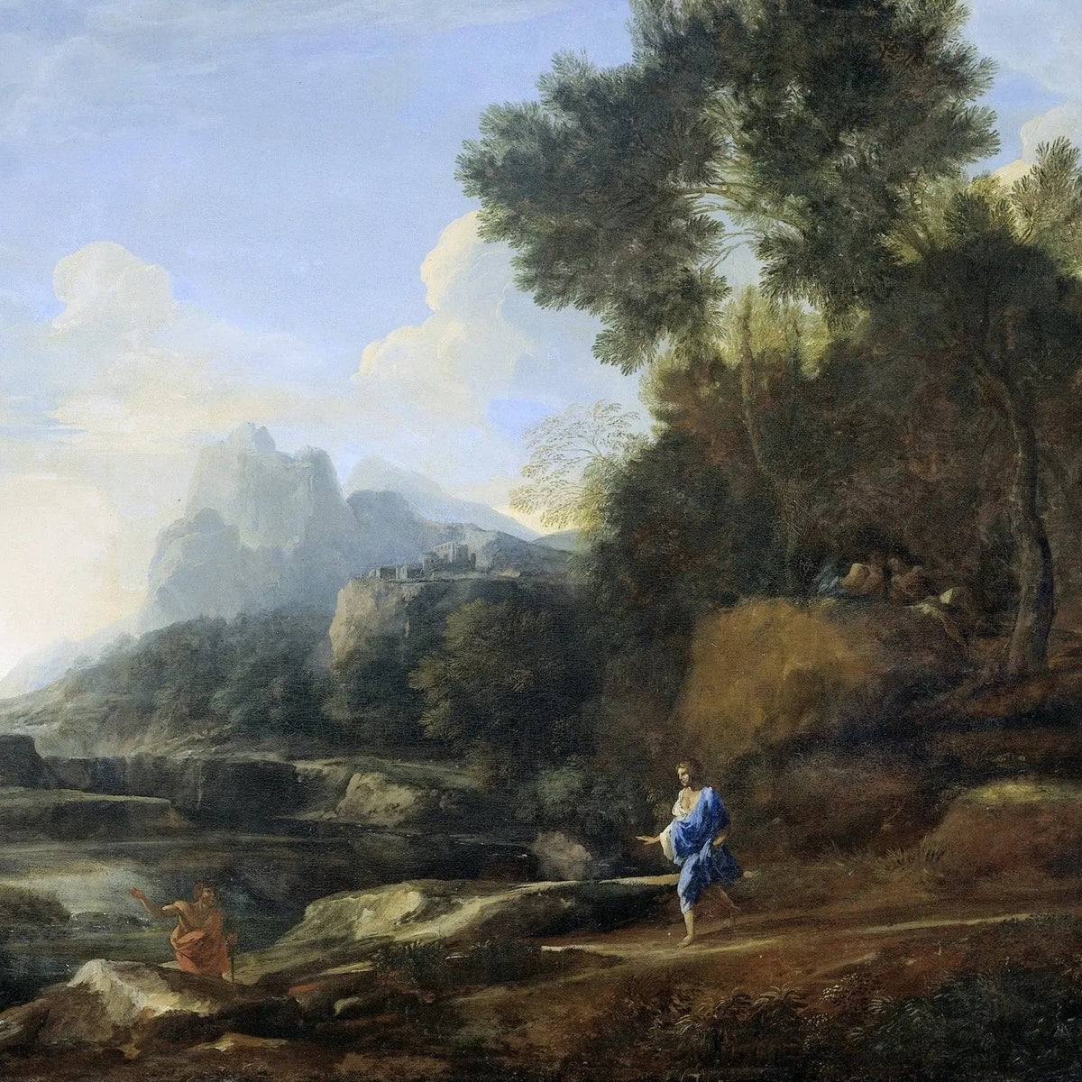 Landscape Oil Painting - Mountainous Riverside with Figures Wall Art - Oil Painting Haven