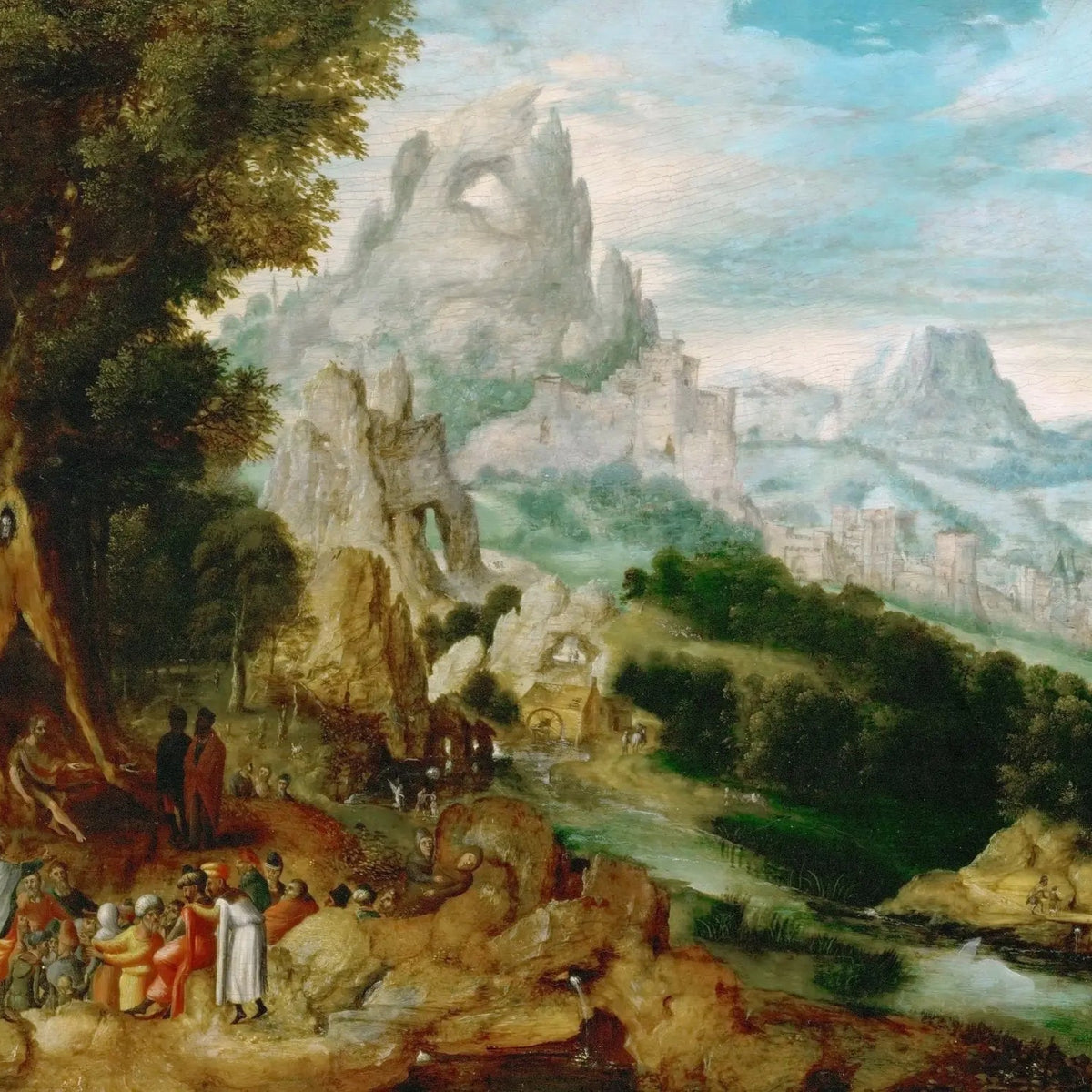 Landscape Oil Painting - Mountainous Scene with Figures & Castle - Oil Painting Haven