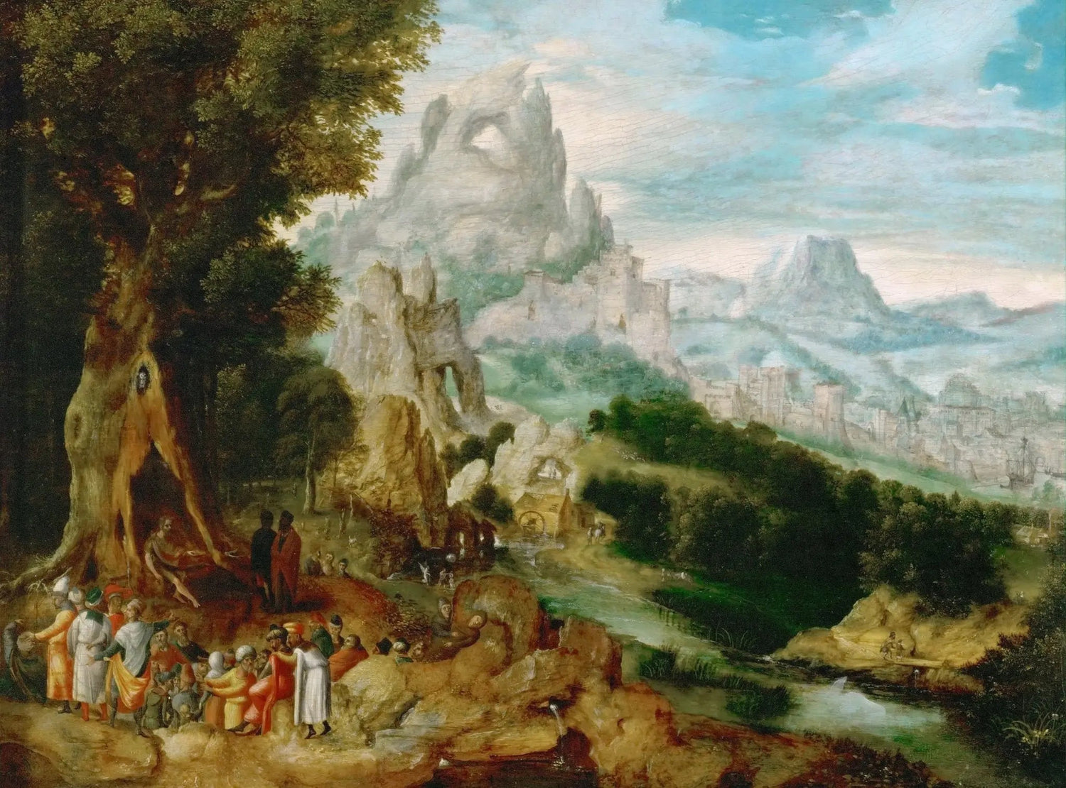 Landscape Oil Painting - Mountainous Scene with Figures & Castle - Oil Painting Haven