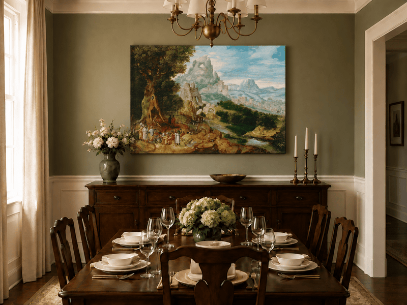 Landscape Oil Painting - Mountainous Scene with Figures & Castle