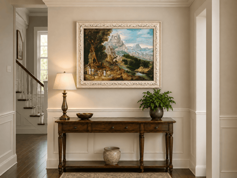 Landscape Oil Painting - Mountainous Scene with Figures & Castle