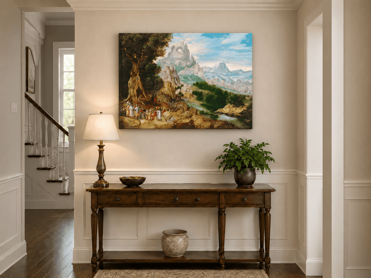 Landscape Oil Painting - Mountainous Scene with Figures & Castle