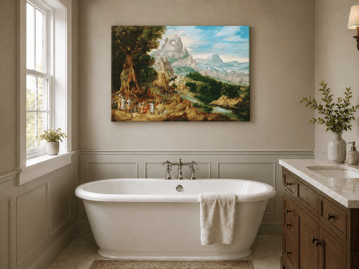 Landscape Oil Painting - Mountainous Scene with Figures & Castle