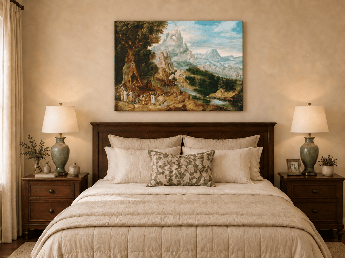 Landscape Oil Painting - Mountainous Scene with Figures & Castle