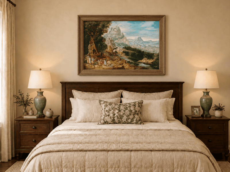 Landscape Oil Painting - Mountainous Scene with Figures & Castle