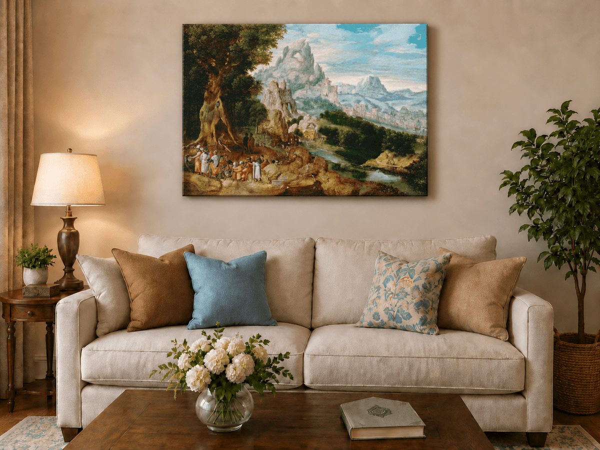 Landscape Oil Painting - Mountainous Scene with Figures & Castle