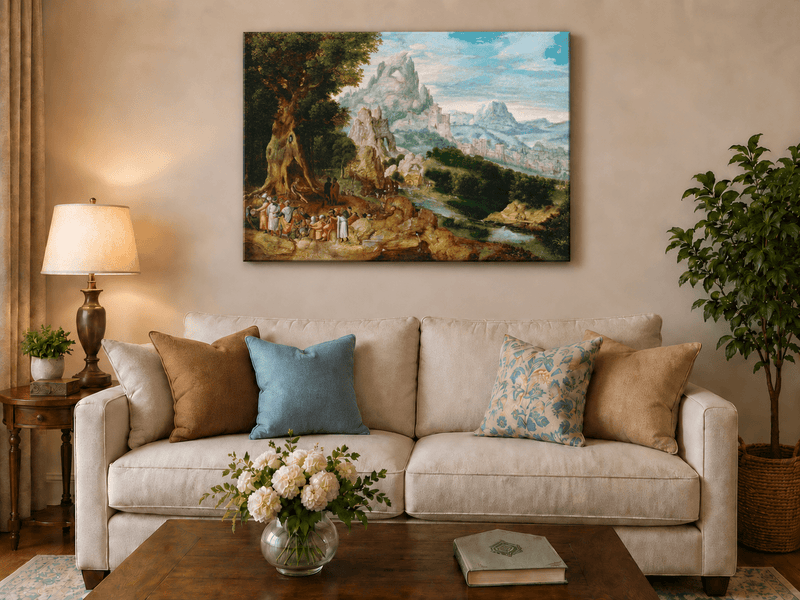 Landscape Oil Painting - Mountainous Scene with Figures & Castle