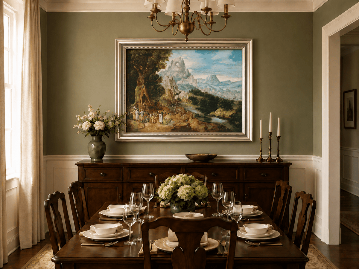 Landscape Oil Painting - Mountainous Scene with Figures & Castle