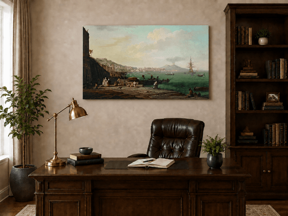 Interior wall art view featuring Naples coast, Mount Vesuvius and harbor oil painting.