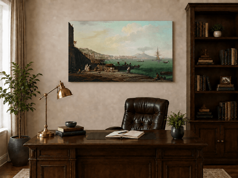 Interior wall art view featuring Naples coast, Mount Vesuvius and harbor oil painting.