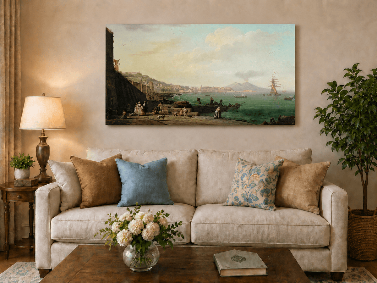 Mount Vesuvius and Naples harbor hand-painted oil artwork displayed in a second interior view.