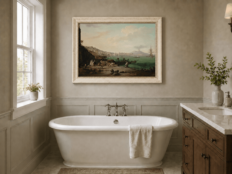 Naples coast and harbor landscape oil painting presented as interior home decor.