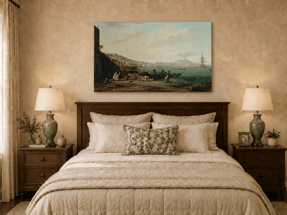 Naples harbor and Vesuvius oil painting displayed as landscape wall decor.