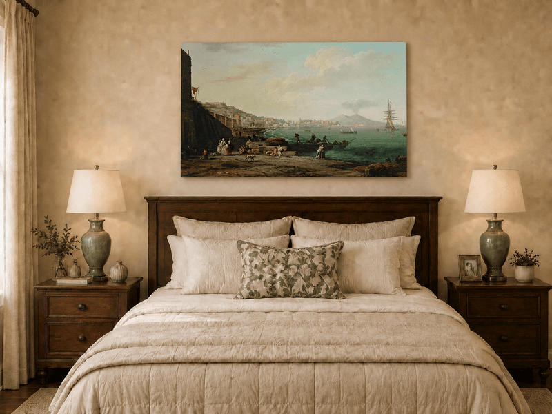 Naples harbor and Vesuvius oil painting displayed as landscape wall decor.