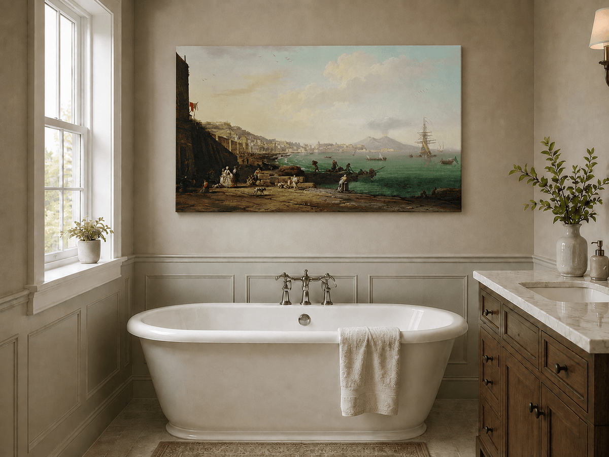 Naples coast with Mount Vesuvius and harbor landscape oil painting presented as styled home decor.