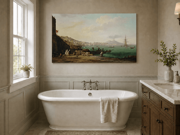 Naples coast with Mount Vesuvius and harbor landscape oil painting presented as styled home decor.