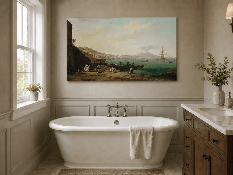 Naples coast with Mount Vesuvius and harbor landscape oil painting presented as styled home decor.