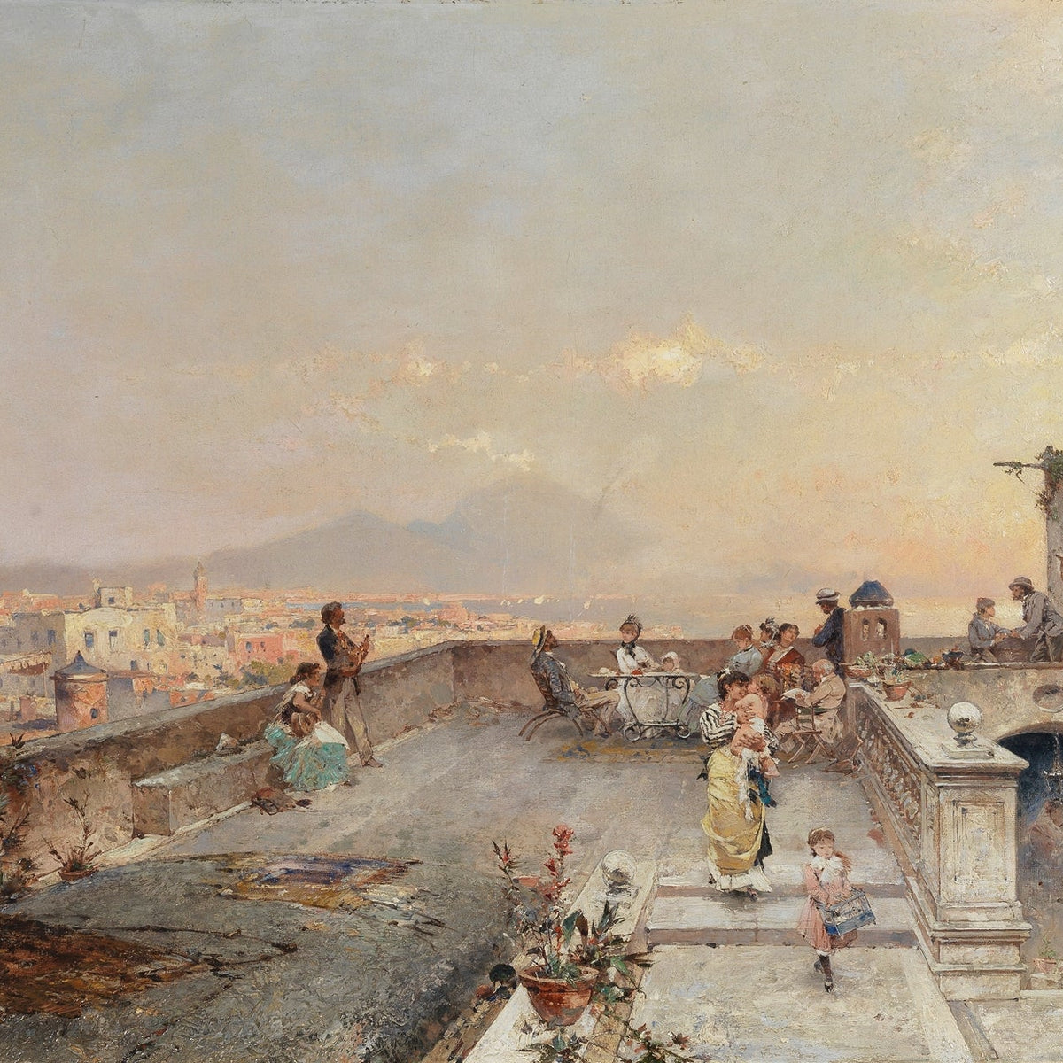 Hand-painted naples terrace with vesuvius view landscape oil painting on canvas