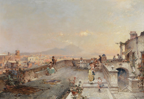 Hand-painted naples terrace with vesuvius view landscape oil painting on canvas