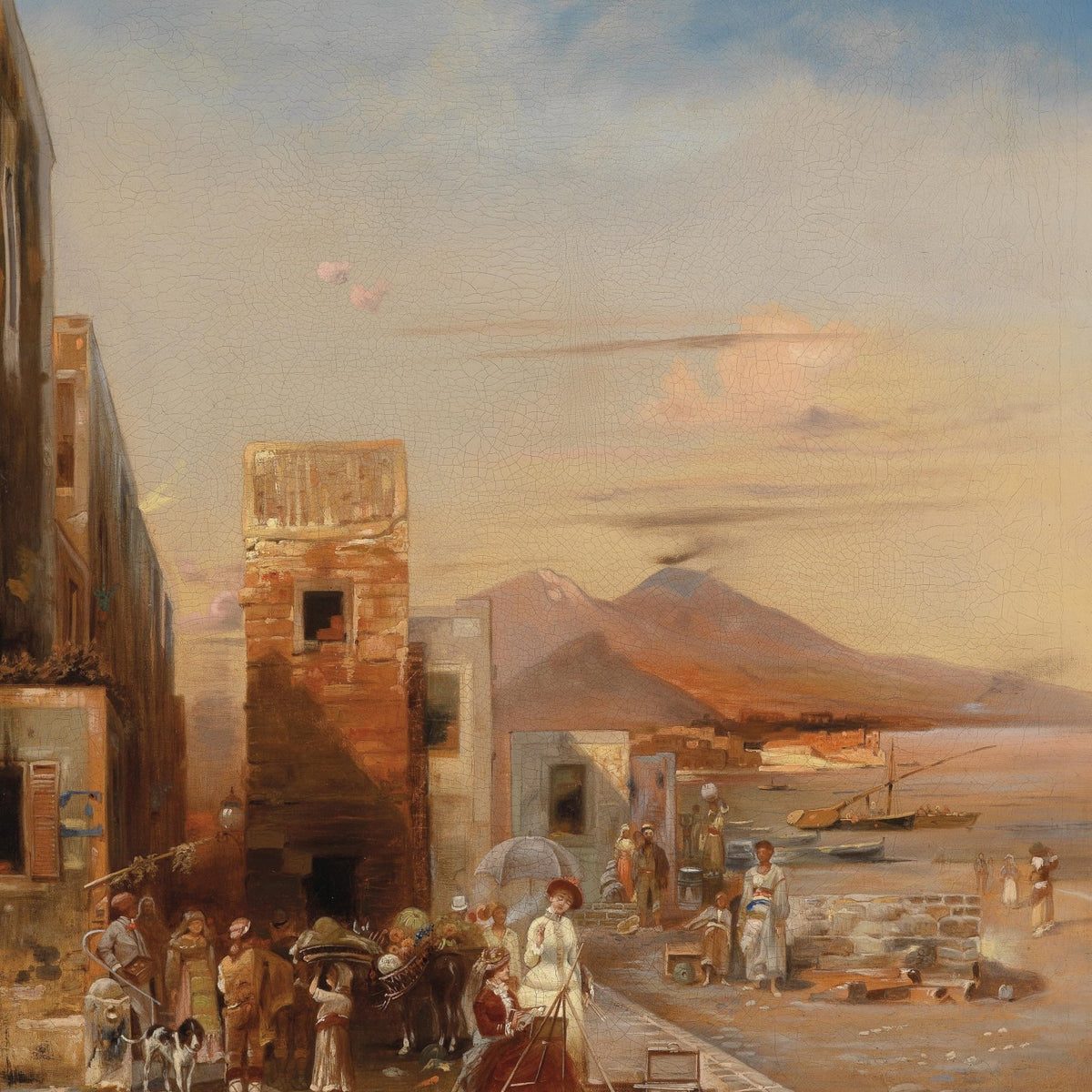 Landscape Oil Painting - Naples Waterfront: Vesuvius, Artist & Town Crowd - Oil Painting Haven