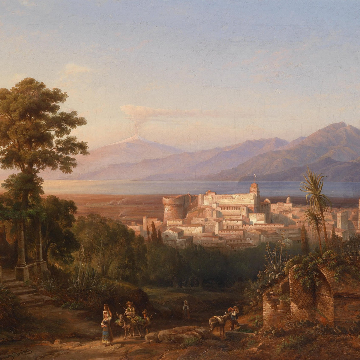 Landscape Oil Painting - Neapolitan Coastal City: Vesuvius, Villagers - Oil Painting Haven