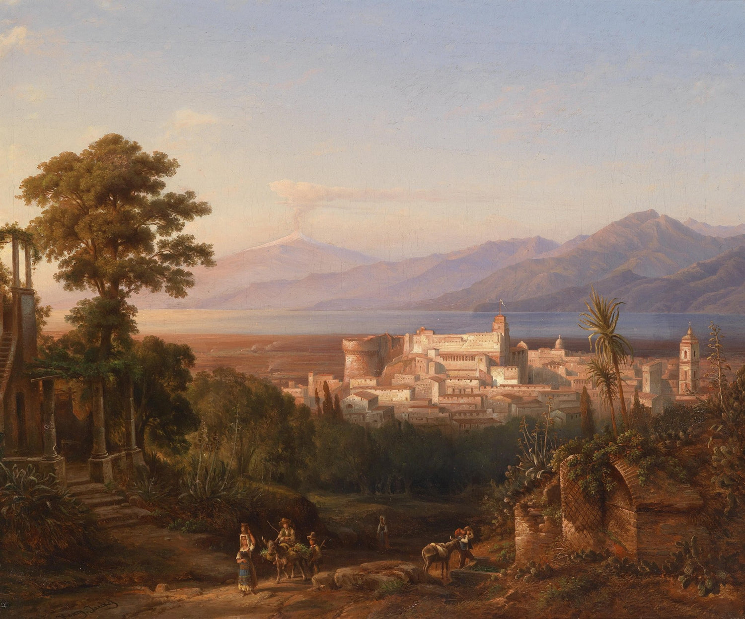 Landscape Oil Painting - Neapolitan Coastal City: Vesuvius, Villagers - Oil Painting Haven