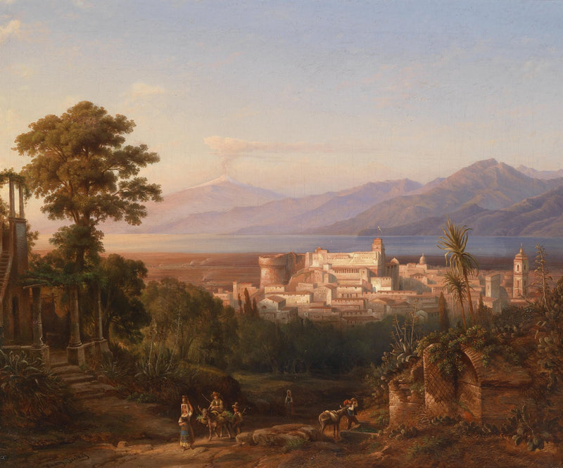 Landscape Oil Painting - Neapolitan Coastal City: Vesuvius, Villagers - Oil Painting Haven
