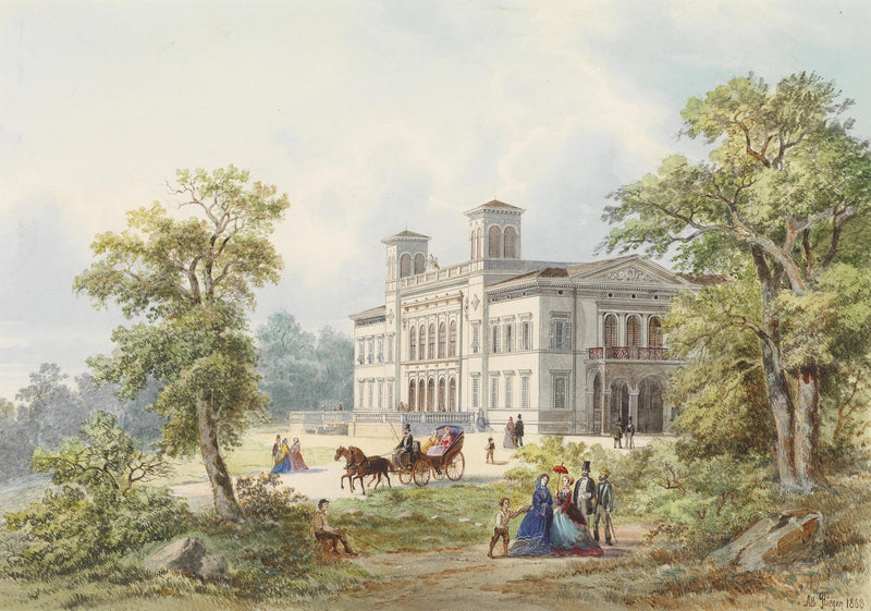 Landscape Oil Painting - Neoclassical Mansion, Horse - Drawn Carriage - Oil Painting Haven