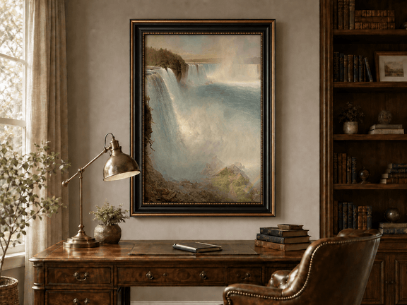 Thundering Niagara Falls and mist landscape oil painting presented in an interior wall art mockup.