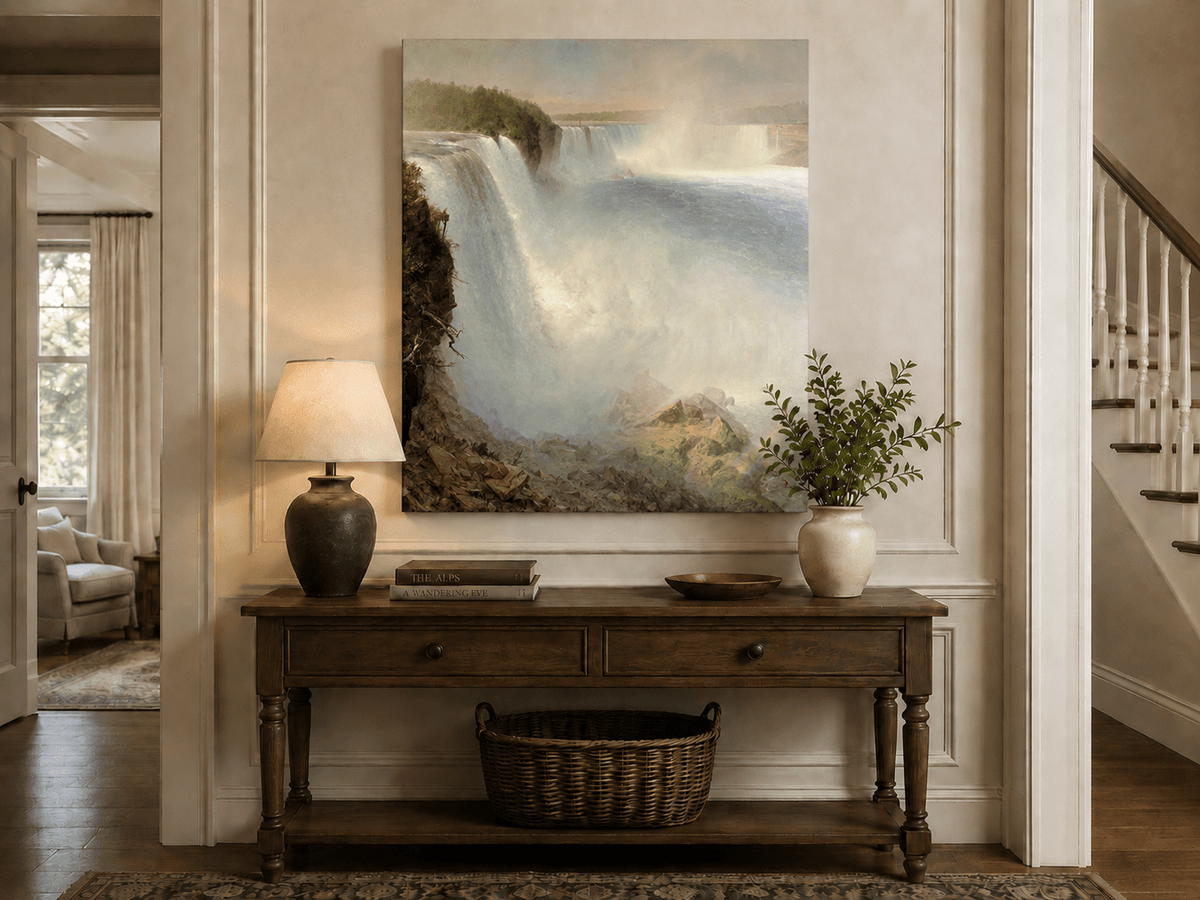 Thundering waterfall landscape painting shown as decorative oil wall art.