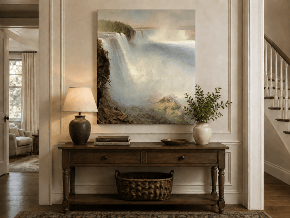 Thundering waterfall landscape painting shown as decorative oil wall art.